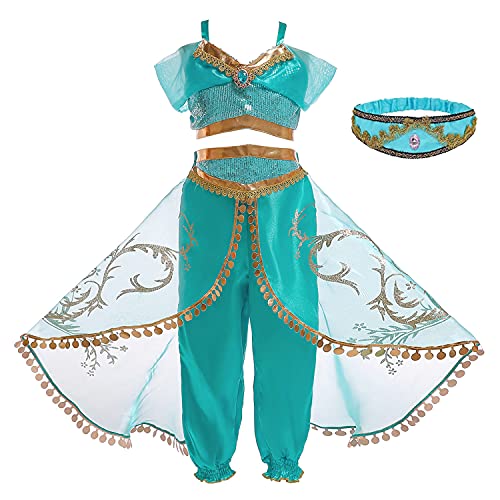 Eleasica Kinder Prinzessin Jasmin Kleid Mädchen Aladdin Kostüm Top Hose Verkleidung Geburtstagsgeschenk Weihnachten Fasching Halloween Tanzen Arabisch Cosplay,Stirnband,120 von Eleasica