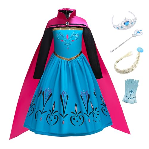 Eleasica Kleid Mädchen Eiskönigin Kostüm Prinzessin Elsa Kinder Lange Ärmel Geburtstagsgeschenk Verkleidung Fasching Weihnachten Cosplay mit Umhang Diademe Zauberstab Prinzessin,Blau,110 von Eleasica