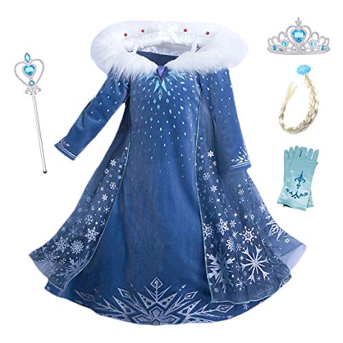 Eleasica Kostüm Kinder Eiskönigin Lange Ärmel Kleid Prinzessin Elsa Mädchen Geburtstag Weihnachten Verkleidung Frozen Diademe Zauberstab Zopf 3-8 Jahre Halloween Fasching Cosplay,Blau 4,130 von Eleasica