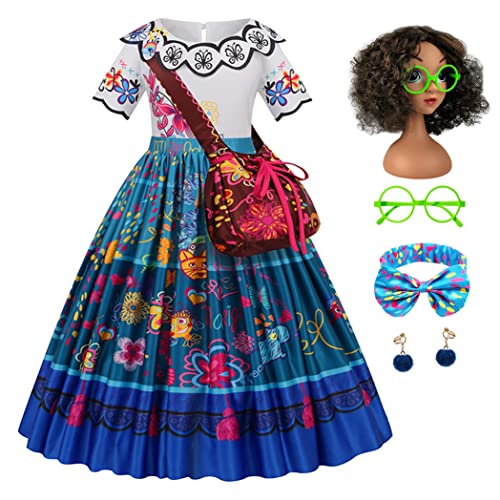 Eleasica Mädchen Encanto Kostüm Mirabel Prinzessin Kleid Kinder Weihnachten Fest Fasching Karneval Verkleidung mit Zubehöre Stirnband Perücke Brille Ohrring，Blau,100 von Eleasica