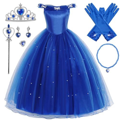 Eleasica Mädchen Prinzessin Elsa Kostüm Eiskönigin Kleid Prinzessin Cinderella Geburtstagsgeschenk Weihnachten Verkleidung Zubehör Zauberstab Krone Halskette Fest Hochzeit Tüll,Blau,100 von Eleasica