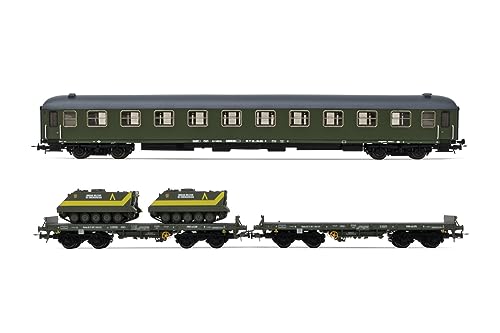 RENFE Waggon-Set, 3-teilig, 12000 und 2 x PMM (1 x beladen mit Panzer, 1 x leer), olivgrüne Militär-Lackierung, Periode V, Verschieden von Electrotren