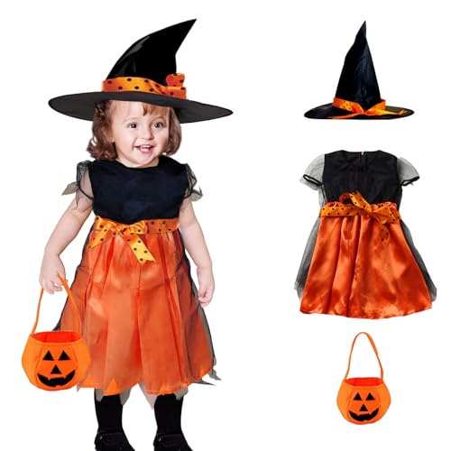 Eledreme hexenkostüm mädchen, halloween kostüm kinder mit hexenhut und Sammeltasche, kostüm hexe kinder für Halloween Karneval Maskerade Rollenspiele (90-140cm)(Orange,S) von Eledreme