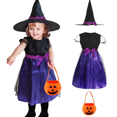 Eledreme hexenkostüm mädchen, halloween kostüm kinder mit hexenhut, kostüm mädchen mit Sammeltasche, kostüm hexe kinder für Halloween Karneval Maskerade Rollenspiele (90-140cm)(Lila) von Eledreme