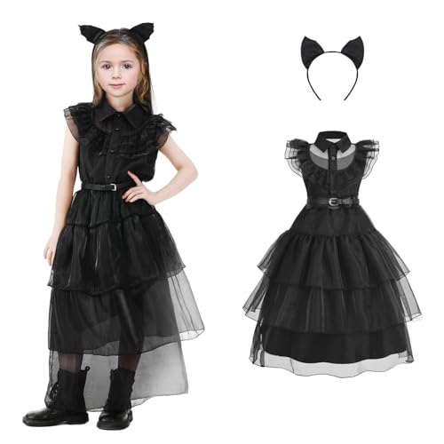 Wensdey kostüm kinder , halloween kostüm mädchen ,Enthält wednesday kostüm kinder Tüllkleid,Gürtel und Katzenohr-Stirnband,Geeignet für Halloween Party, Bühnenshows, Karneval Cosplay(XL(130-140cm)) von Eledreme