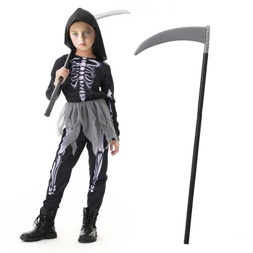 Eledreme sensenmann kostüm kinder, Halloween mädchen skelett kostüm kinder, Inklusive sense halloween, kostüm sensenmann kinder geeignet für Halloween Party,Cosplay,Spukhaus(M(110-120cm)) von Eledreme