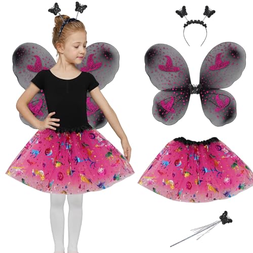 Eledreme Halloween feenflügel kinder, 4-teiliges schmetterling kostüm kinder mit tüllrock mädchen, fairy wings,Zauberstab und Haarreif, schmetterlingsflügel kinder für mädchen von 2 bis 8 Jahren von Eledreme