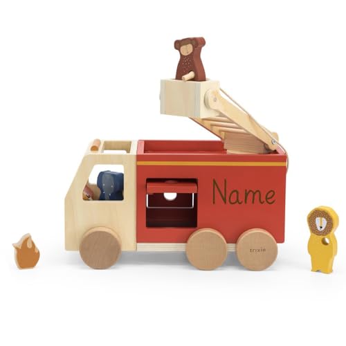 Elefantasie Feuerwehrauto personalisiert aus Holz mit Tieren von Trixie Holz Feuerwehr Auto groß Kinder Fahrzeug mit Namen graviert von Elefantasie