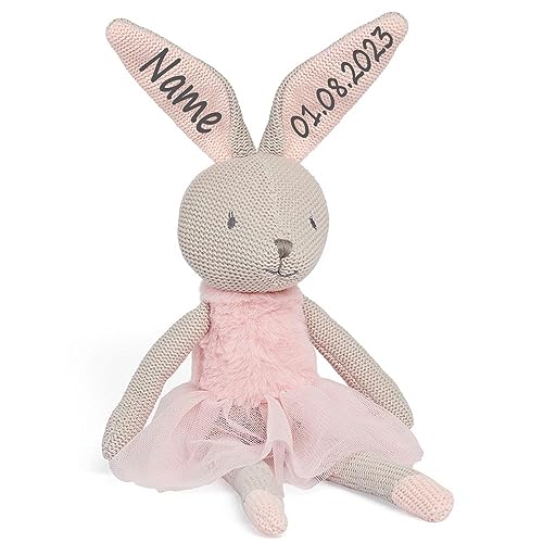 Elefantasie Hase Stofftier mit Name und Geburtsdatum Kuscheltier gestrickt personalisiert Geschenk zur Geburt Hasenmädchen von Elefantasie