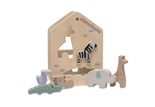 Elefantasie Holz Steckbox mit Safari Tieren, personalisierbar mit Namen, Sortierspielzeug für Kinder ab 18 Monaten von Elefantasie