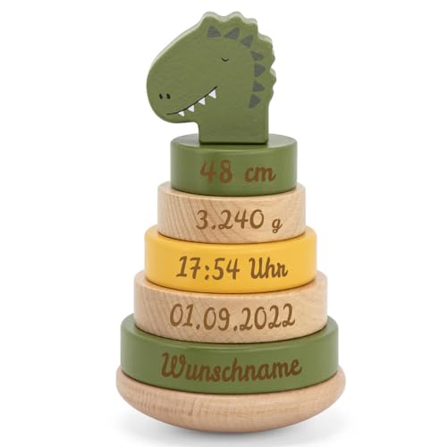 Elefantasie Personalisierter Stapelturm aus Holz von Trixie mit Namen und Geburtsdaten graviert Geburtsgeschenk Dinosaurier von Elefantasie
