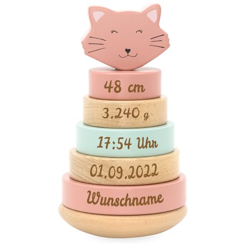 Elefantasie Personalisierter Stapelturm aus Holz von Trixie mit Namen und Geburtsdaten graviert Geburtsgeschenk Katze von Elefantasie