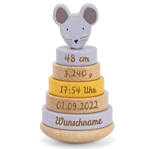 Elefantasie Personalisierter Stapelturm aus Holz von Trixie mit Namen und Geburtsdaten graviert Geburtsgeschenk Maus von Elefantasie