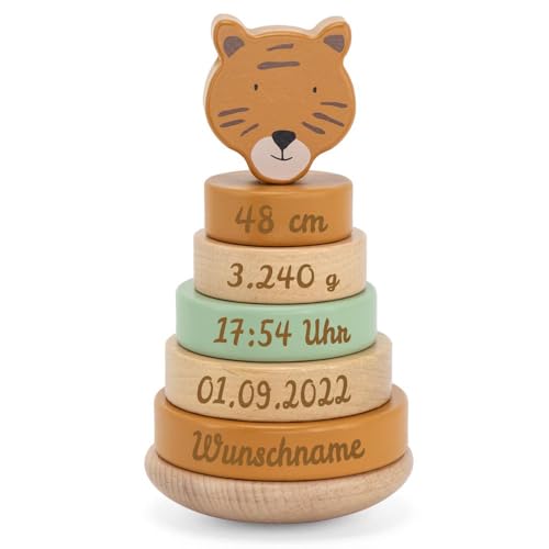 Elefantasie Personalisierter Stapelturm aus Holz von Trixie mit Namen und Geburtsdaten graviert Geburtsgeschenk Tiger von Elefantasie