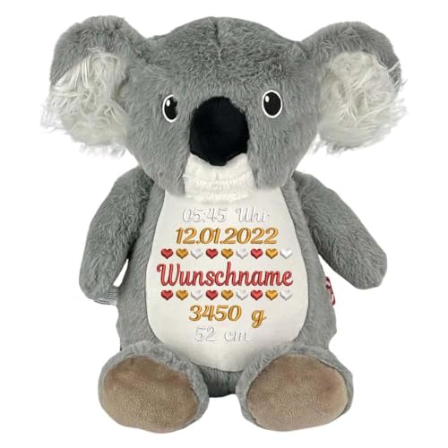 Elefantasie Personalisiertes Stofftier Koala Kuscheltier Bestickt Plüschtier zur Geburt Stickmotiv Geburtsdaten von Elefantasie