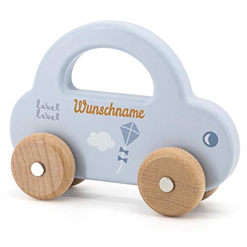 Elefantasie Spielzeug Auto aus Holz hellblau personalisierbar mit Name Baby Geschenk mit Gravur von Elefantasie