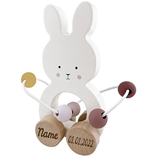 Elefantasie Spielzeug Hase mit Abakus aus Holz personalisierbar mit Name und Datum Baby Geschenk mit Gravur von Elefantasie