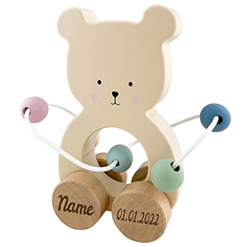 Elefantasie Spielzeug Teddy mit Abakus aus Holz personalisierbar mit Name und Datum Baby Geschenk mit Gravur von Elefantasie