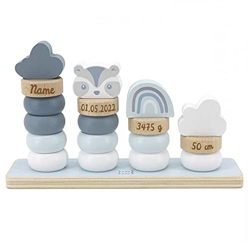 Elefantasie Stapelringe aus Holz blau personalisierbar mit Name und Geburtsdaten Baby Geschenk mit Gravur von Elefantasie