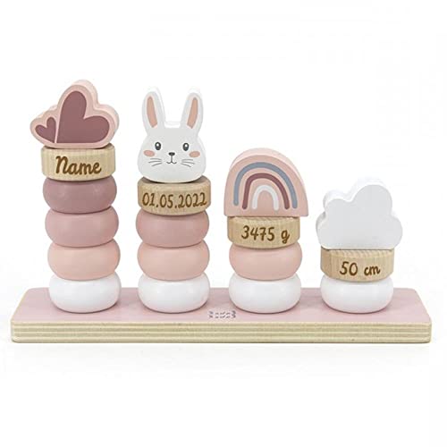 Elefantasie Stapelringe aus Holz rosa personalisierbar mit Name und Geburtsdaten Baby Geschenk mit Gravur von Elefantasie