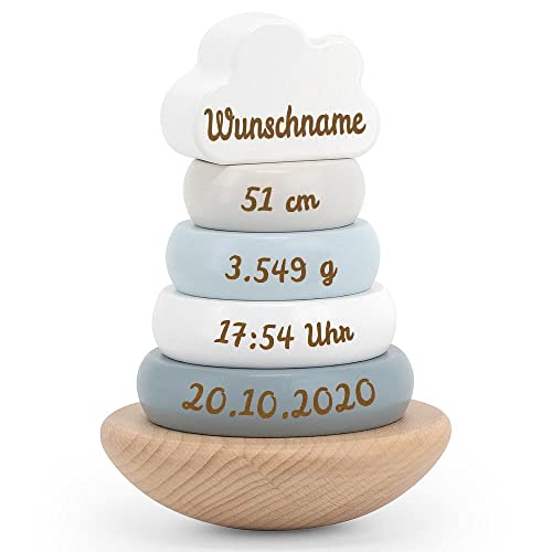 Elefantasie Stapelturm aus Holz blau personalisierbar mit Name und Datum Baby Geschenk mit Gravur von Elefantasie