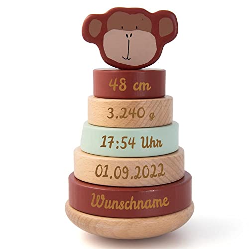 Elefantasie Personalisierter Stapelturm aus Holz von Trixie mit Namen und Geburtsdaten graviert Geburtsgeschenk AFFE von Elefantasie
