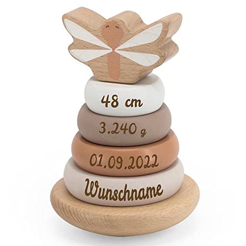 Elefantasie Stapelturm aus Holz beige personalisierbar mit Name und Datum Baby Geschenk mit Gravur von Elefantasie