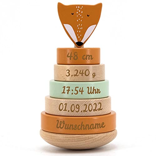 Elefantasie Personalisierter Stapelturm aus Holz von Trixie mit Namen und Geburtsdaten graviert Geburtsgeschenk Fuchs von Elefantasie