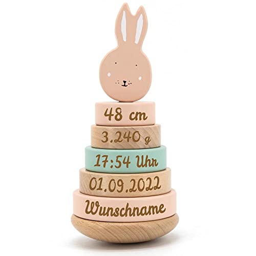 Elefantasie Stapelturm aus Holz Hase rosa personalisierbar mit Name und Geburtsdaten Baby Geschenk mit Gravur von Elefantasie