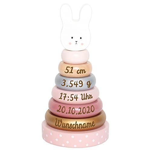 Elefantasie Stapelturm aus Holz Hase personalisierbar mit Name und Geburtsdaten Baby Geschenk mit Gravur von Elefantasie