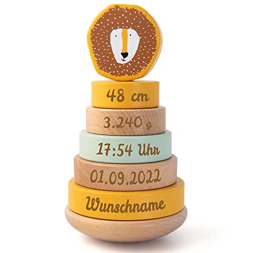 Elefantasie Personalisierter Stapelturm aus Holz von Trixie mit Namen und Geburtsdaten graviert Geburtsgeschenk LÖWE von Elefantasie