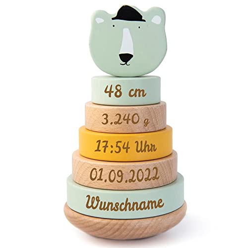 Elefantasie Personalisierter Stapelturm aus Holz von Trixie mit Namen und Geburtsdaten graviert Geburtsgeschenk POLARBÄR von Elefantasie