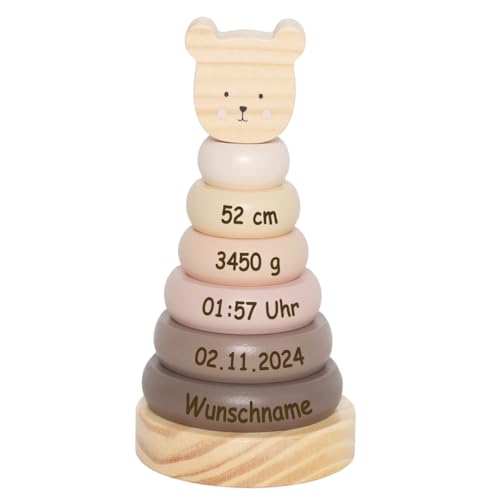 Elefantasie Stapelturm aus Holz personalisierbar mit Name und Geburtsdaten Baby Geschenk Steckspiel Stapelringe graviert Bär Natur von Elefantasie