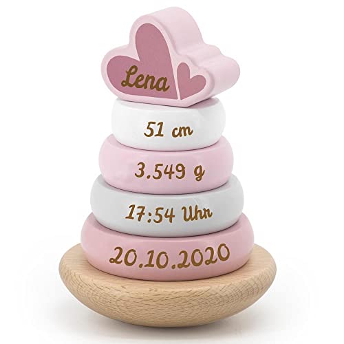 Elefantasie Stapelturm aus Holz rosa personalisierbar mit Name und Datum Baby Geschenk mit Gravur von Elefantasie