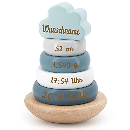 Elefantasie Stapelturm aus Holz türkis personalisierbar mit Name und Datum Baby Geschenk mit Gravur von Elefantasie