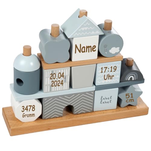 Steckspiel Haus blau personalisierbar mit Name und Geburtsdaten Baby Geschenk mit Gravur von Elefantasie