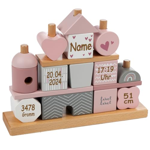 Elefantasie Steckspiel Haus rosa personalisierbar mit Name und Geburtsdaten Baby Geschenk mit Gravur von Elefantasie