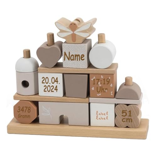 Steckspiel Haus beige personalisierbar mit Name und Geburtsdaten Baby Geschenk mit Gravur von Elefantasie