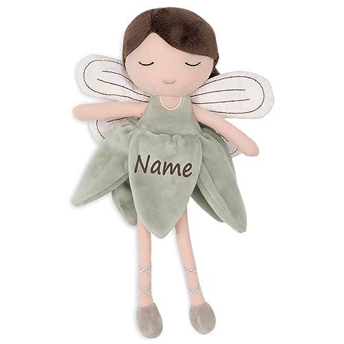 Elefantasie Stoffpuppe mit Namen Kuscheltier Fee personalisiert Geschenk zur Geburt Kleid Salbei von Elefantasie