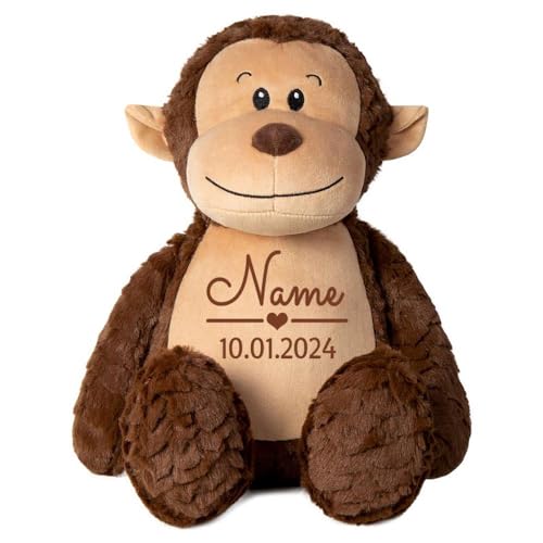 Elefantasie Stofftier AFFE braun mit Name personalisiert Kuscheltier für Kinder Flauschiges Plüschtier 40cm Motiv Name und Datum von Elefantasie