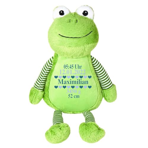 Elefantasie Stofftier Frosch grün mit Name personalisiert Kuscheltier für Kinder Flauschiges Plüschtier 40cm Motiv Geburt von Elefantasie