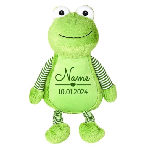 Elefantasie Stofftier Frosch grün mit Name personalisiert Kuscheltier für Kinder Flauschiges Plüschtier 40cm Motiv Name und Datum von Elefantasie