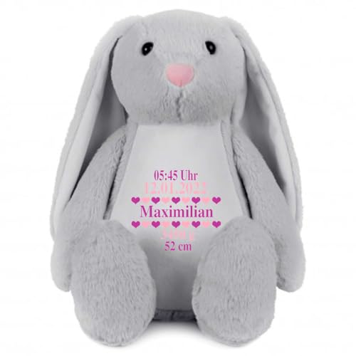 Elefantasie Stofftier Hase mit Name personalisiert Kuscheltier Stoffhase für Kinder Flauschiges Plüschtier 40cm (Grau - Geburt) von Elefantasie