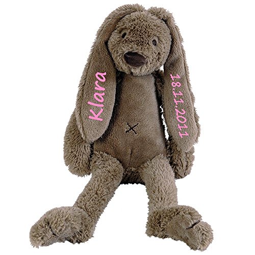 Elefantasie Stofftier Hase mit Namen und Geburtsdatum personalisiert Geschenk 40cm braun Aufdruck rosa von Elefantasie