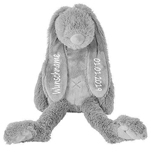 Elefantasie Stofftier Hase mit Namen und Geburtsdatum personalisiert Geschenk 40cm grau von Elefantasie