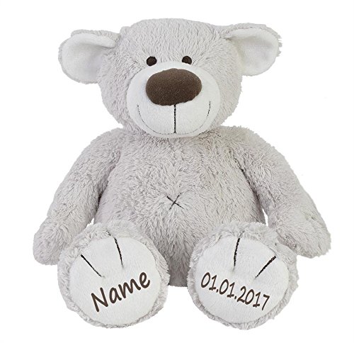 Elefantasie Stofftier Teddy Bär zartgrau Geschenk mit Namen und Geburtsdatum personalisiert 55cm von Elefantasie