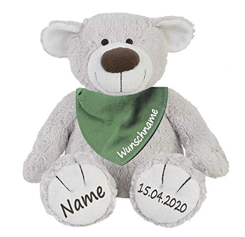 Elefantasie Stofftier Teddy Bär zartgrau und Baby Halstuch im Set mit Namen personalisiert grün Elefantasie Stofftier Teddy Bär zartgrau und Baby Halstuch im Set mit Namen personalisiert grün von Elefantasie