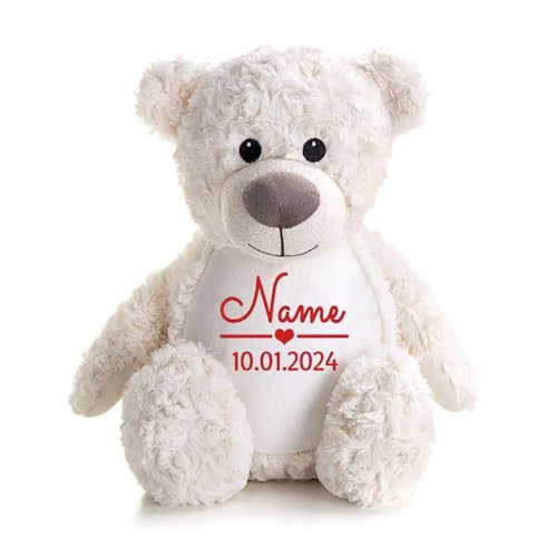 Elefantasie Stofftier Teddybär Creme mit Name personalisiert Kuscheltier für Kinder Flauschiges Plüschtier 40cm Motiv Name und Datum von Elefantasie