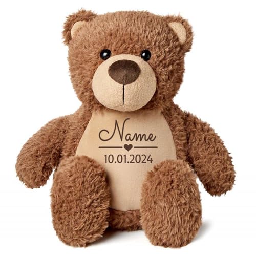 Elefantasie Stofftier Teddybär braun mit Name personalisiert Kuscheltier für Kinder Flauschiges Plüschtier 40cm Motiv Name und Datum von Elefantasie