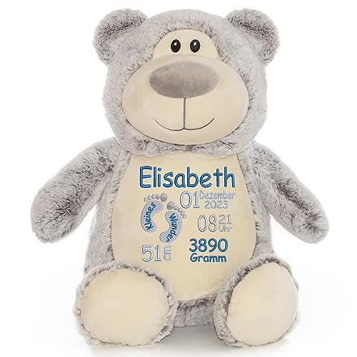 Elefantasie Stofftier mit Name Bestickt Kuscheltier Bär Teddybär personalisiert Bär Grau Stickmotiv Füßchen von Elefantasie